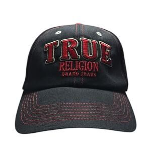 True Religion Black Red Embroidered Hat Mens Adjustable Strapback Cap Streetwear